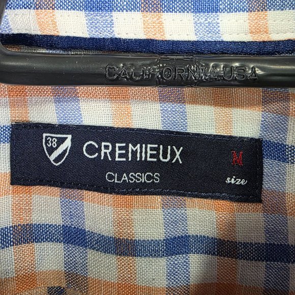 Mens Cremeux Classics Blue White & Orange Checkered Shirt 100% Linen Size M - Picture 3 of 9